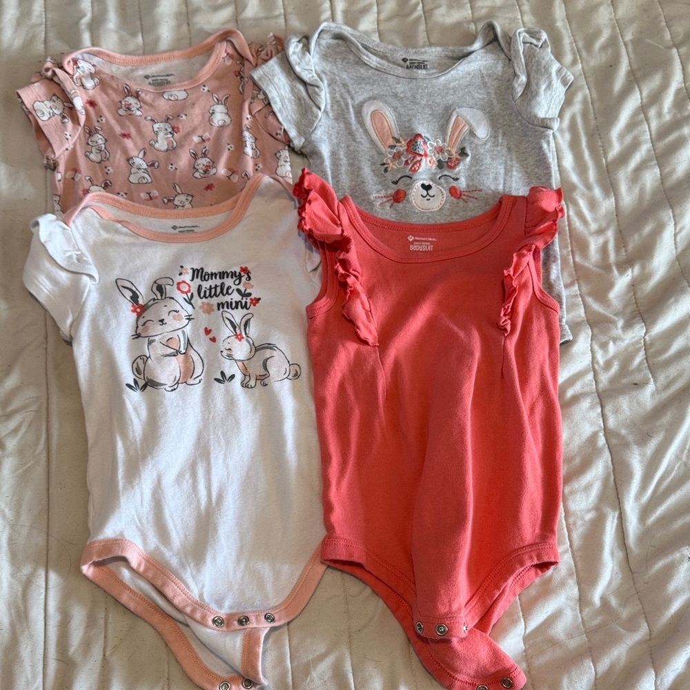 Cute Bunny Print Kids Bodysuit Set - Pink, White, Gray
